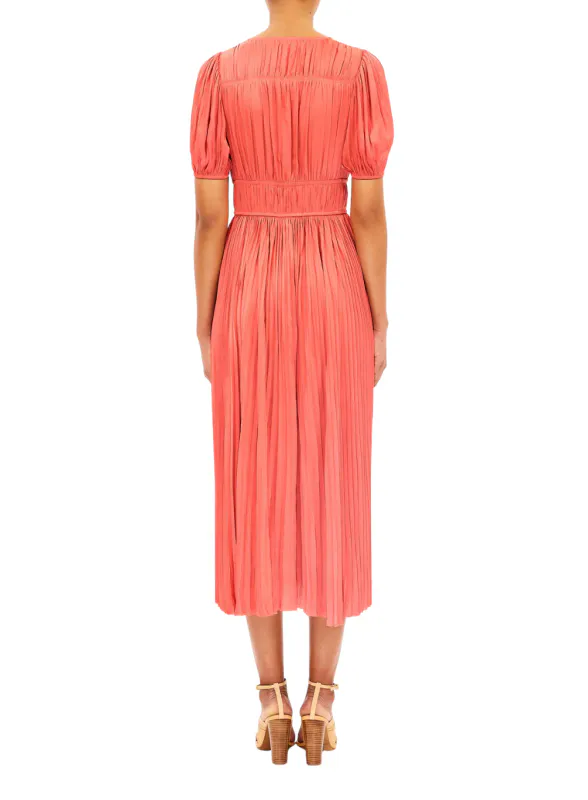 AUDRA Puff  Sleeve Midi Dress Coral