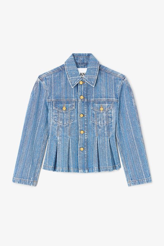 Stripete Plissert Denimjakke Mid Blue Stone 