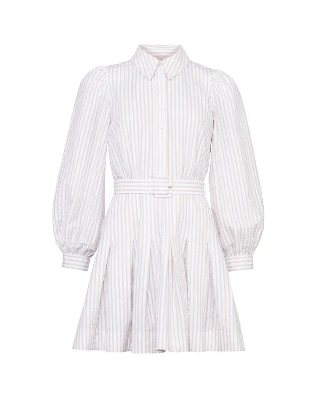 SEERSUCKER Pleated Dress Khaki Stripe