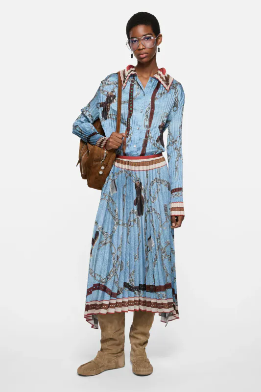 Pleated Printed Skirt Denim Blue