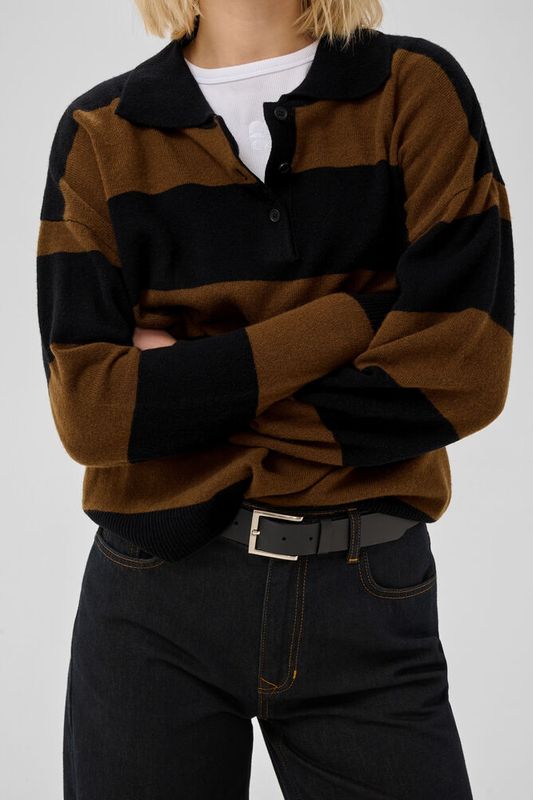 MWJola Knit Polo Pullover Bison W. Black Stripe