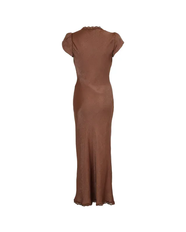 Shiny V-Neck Dress Brown