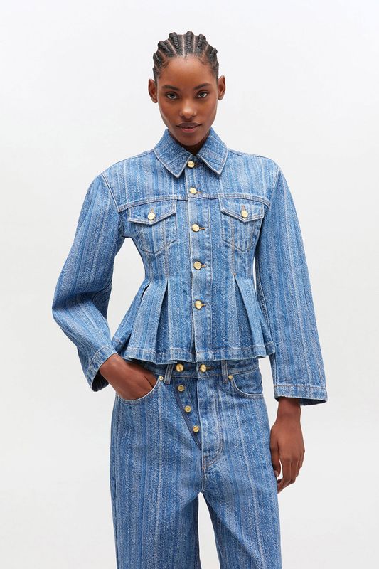 Stripete Plissert Denimjakke Mid Blue Stone 